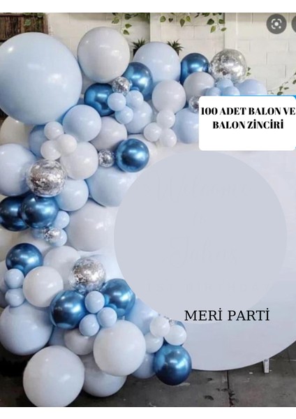 100 Adet Balon ve Mavi Makaron Mavi Krom ve Şeffaf Konfeti Balon ve Balon Zinciri