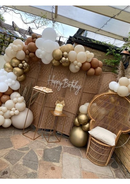 100 Adet Balon ve Balon Zinciri Pastel Kahverengi Gold Parlak Krom Ten Beyaz Renk Balon