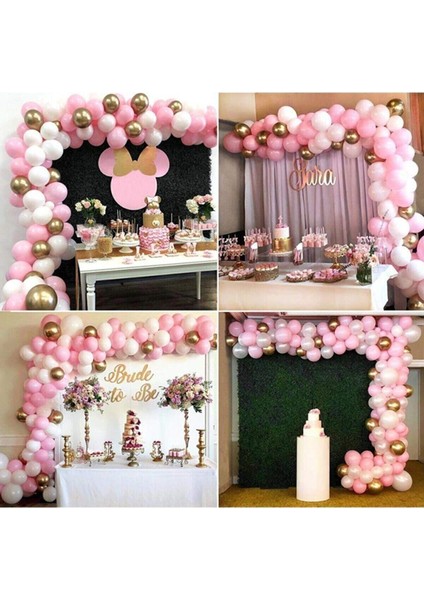 100 Adet Pembe Beyaz Metalik Balon Altın Krom Balon ve Zincir