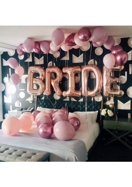 Brıde 100 cm Rose Gold Balon Brıde Balon Set Pembe Lateks ve Pembe Krom Balon Brıde Konsept