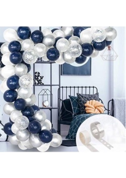 Yetişkin Doğum Günü Gece Mavisi Beyaz Gümüş Konfetili Balon Zincir Seti Zincir