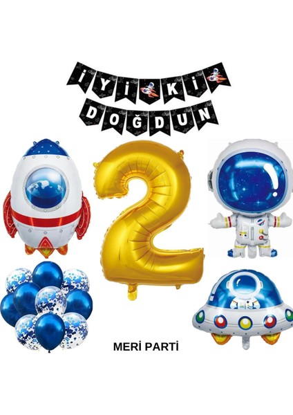 Gold Yaş Sayı Balon Uzay Folyo Balon ve Banner Set Parti Setleri Uzay Temalı Doğum Günü