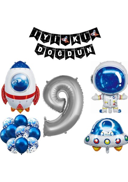 Yaş Sayı Balon Uzay Folyo Balon ve Banner Set Parti Setleri Uzay Temalı Folyo Balon Set Doğum Günü