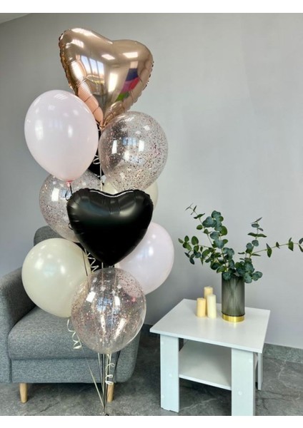 Siyah ve Rosegold Kalp Folyo Balon Siyah Kalp Folyo Balon Konfetili Lateks Balon Konsept