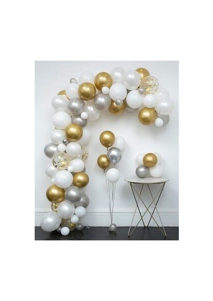 30 Adet Metalik Sedefli Gold-Gümüş Gri-Beyaz Balon, Helyumla Uçan