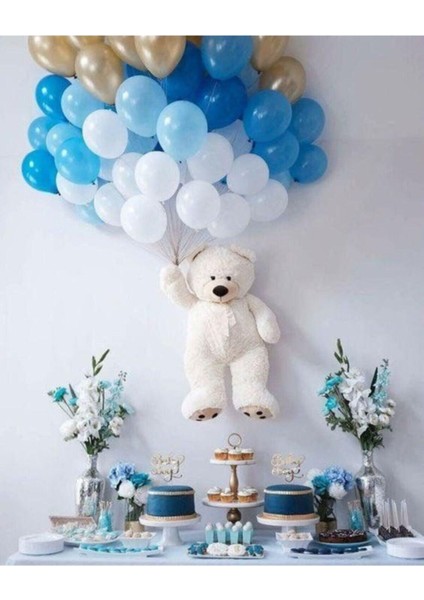 100 Adet Beyaz Mavi Lacivert Altın Renk Metalik Balon Doğum Günü