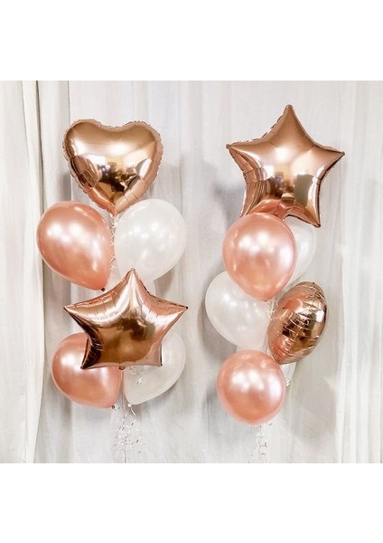 Rose Gold Konsept Yıldız Kalp Folyo Balon ve Metalik Balon Set Doğum Günü Rosegold Balon Set