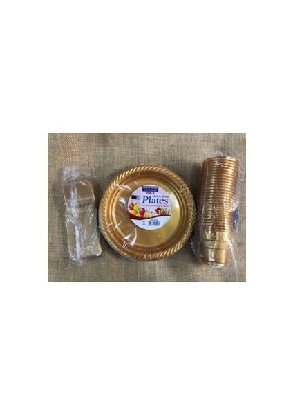 Gold Altın Tabak Bardak Çatal Set Plastik 25 Kişilik