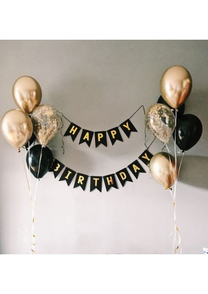 Happy Bırthday Banner ve Krom Gold Siyah Şeffaf Balon Set Doğum Günü Party
