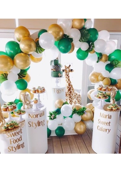 100 Adet Safari Konsept Balon ve Balon Zinciri Yeşil Beyaz Gold Konsept