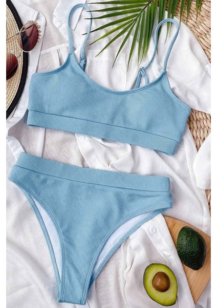 Yüksek Bel Fitilli Kumaş Tankini Bikini Takım