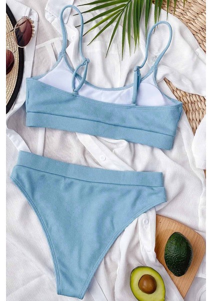 Yüksek Bel Fitilli Kumaş Tankini Bikini Takım