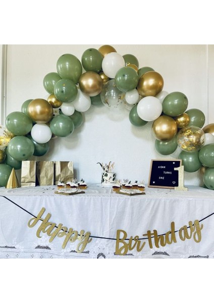 Happy Bırthday Kaligrafi Yazı- Küf Yeşili Balon Konseptli Doğum Günü Parti Seti