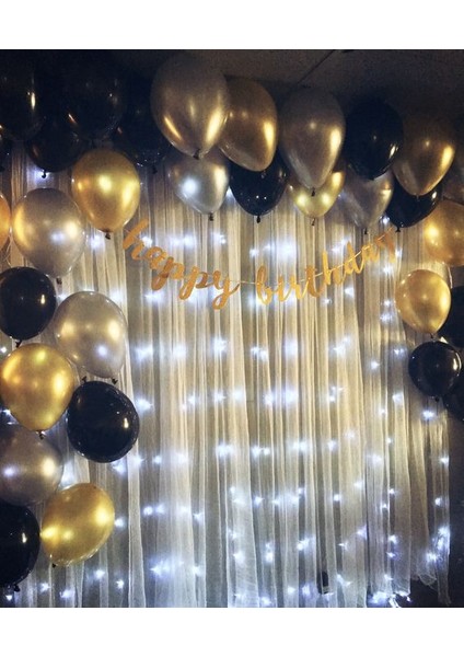 Gold Happy Bırthday Banner ve 100 Adet Metalik Balon ve Zinciri Gold Gri Siyah Balon