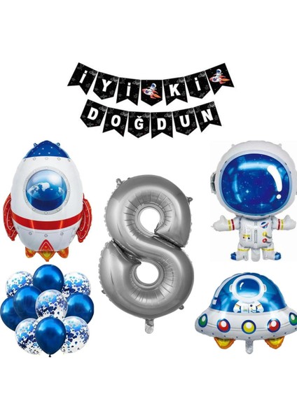 Yaş Sayı Balon Uzay Folyo Balon ve Banner Set Parti Setleri Uzay Temalı Folyo Balon Set Doğum Günü