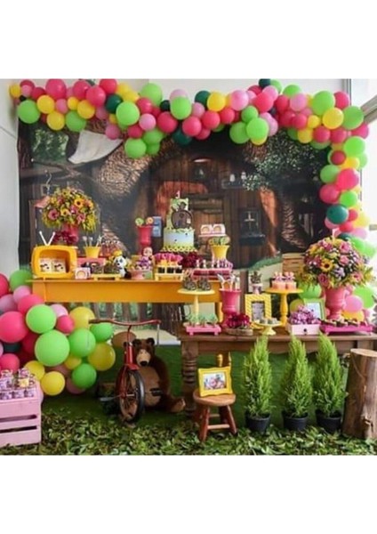100 Adet Pembe- Fuşya- Açık Yeşil- Sarı- Koyu Yeşil Metalik Balon ve Balon Zinciri Konsept Balon