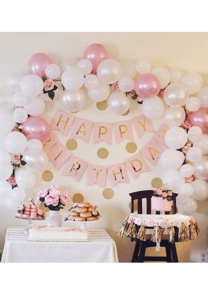 Pembe Gold Happy Banner ve 100 Adet Metalik Balon ve Balon Zinciri Pembe Konsept Banner ve Balon