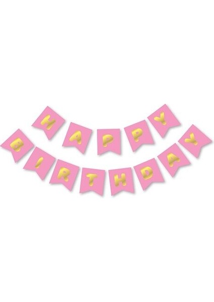 Pembe Gold Happy Banner ve 100 Adet Metalik Balon ve Balon Zinciri Pembe Konsept Banner ve Balon
