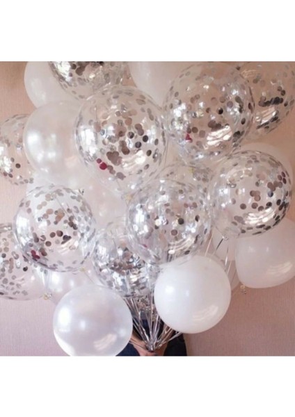 10 Adet Beyaz Balon 10 Adet Şeffaf Balon 1 Paket Şeffaf Balon Içi Konfetisi Gümüş