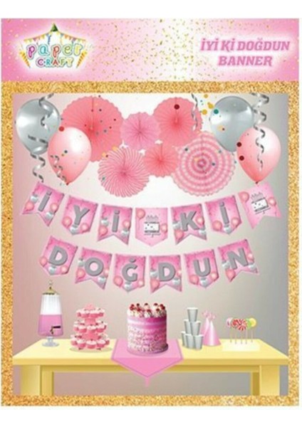 Iyi Ki Doğdun Pembe Üzeri Gümüş Baskılı Balonlu Zigzag Banner Yazı