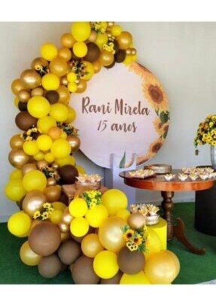 100 Adet Ayçiçeği Konsept Soft Balon ve Zinciri Pastel Sarı Karamel Metalik Gold