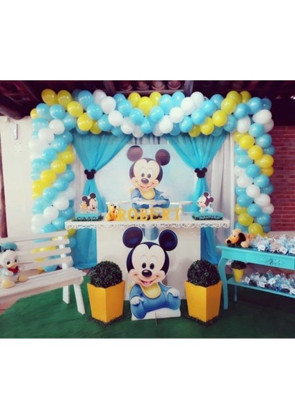 100 Adet Mavi Beyaz Sarı Metalik Balon ve Balon Zinciri Mıckey Mouse Konsept Doğum Günü Parti