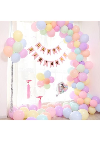 100 Adet Makaron Balon Zinciri ve Pembe Gold Banner Kalp Folyo Balon Set Makaron Balon Set