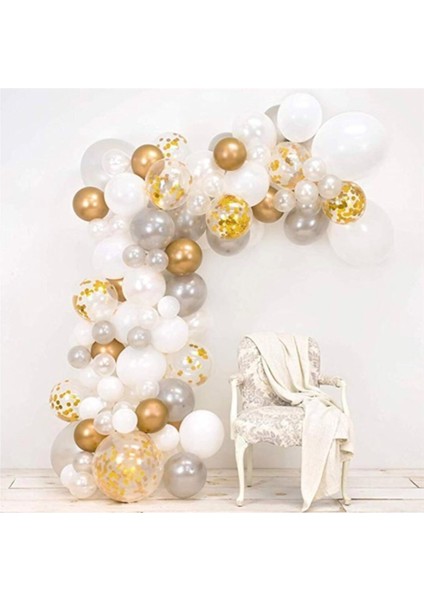 Beyaz Gümüş Krom Gold Konfetili Balon Zincir Seti
