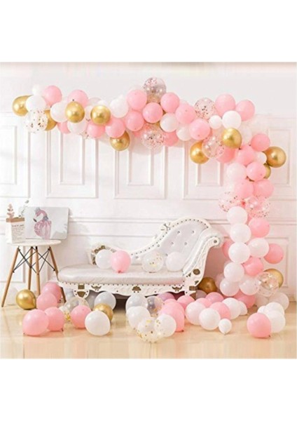 Pembe Beyaz Gold Krom Konfetili Balon Zincir Seti - 5 Metre
