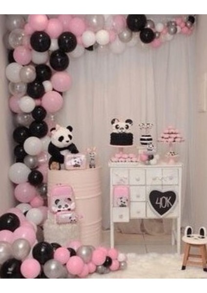 Panda Konsept 100 Adet Pembe Gri Siyah Beyaz Metalik Balon ve Balon Zinciri Panda Doğum Günü Parti