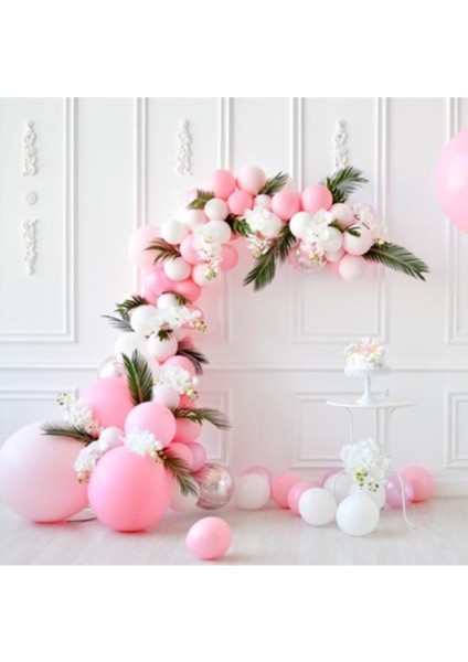 100 Adet Pembe Beyaz Metalik Balon ve Balon Zinciri Pembe Beyaz