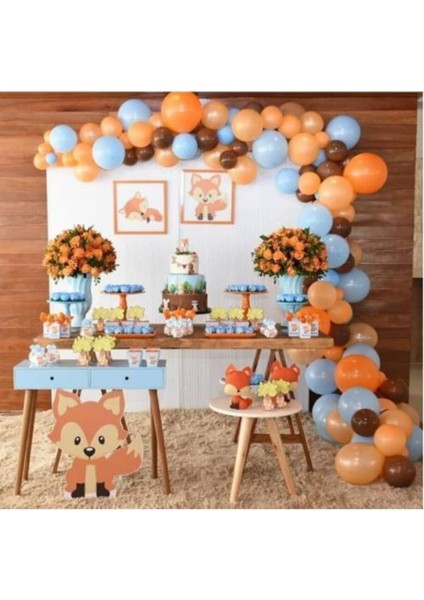 100 Adet Metalik Balon ve Balon Zinciri Turuncu Kahverengi Mavi Metalik Balon Tilki Konsept Parti