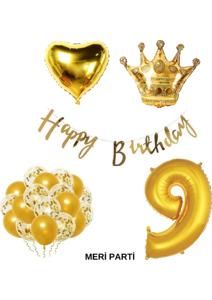 Gold Temalı Happy Bırthday Doğum Günü Set Yaş Balonu Kral Taç Balon Kalp Balon Lateks Balon Set