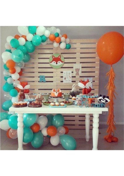Tilki Temalı Mint Yeşili Beyaz Turuncu Metalik Balon ve Zincir