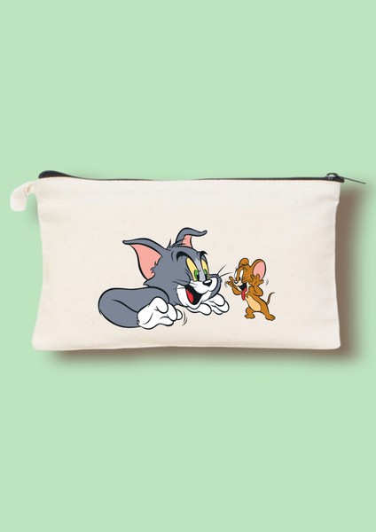 Tom ve Jerry Tasarım Clutch Çanta, Makyaj Çantası, Kalem Kutusu Kalemlik 12*18 cm