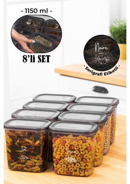 Beyaz Serigrafi Etiketli Peggy Dikdörtgen Baharatlık Seti 1150 ml Antrasit 8'li