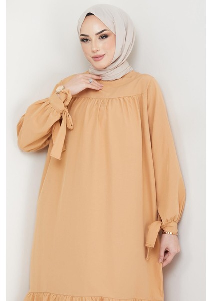 Robalı Kol Ucu Bağlamalı Elbise Camel