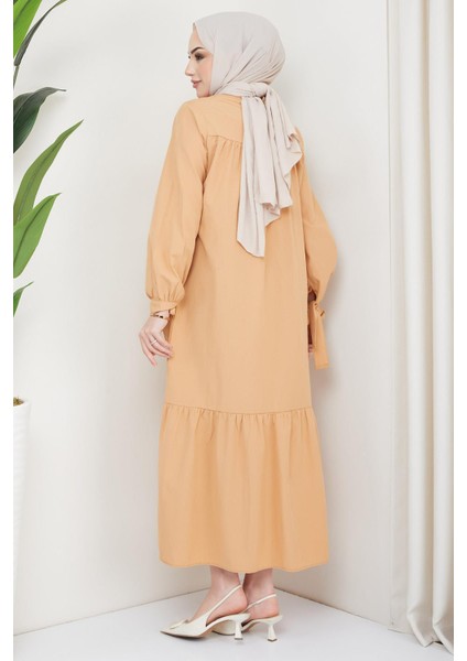 Robalı Kol Ucu Bağlamalı Elbise Camel