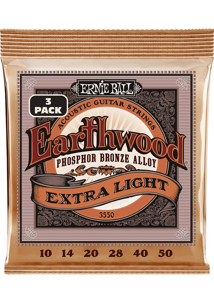 Ernıe Ball P03550 Earthwood Extra Light 8020 Phosphor Bronze 10-50 Akustik Gitar Teli 3lü Pk.