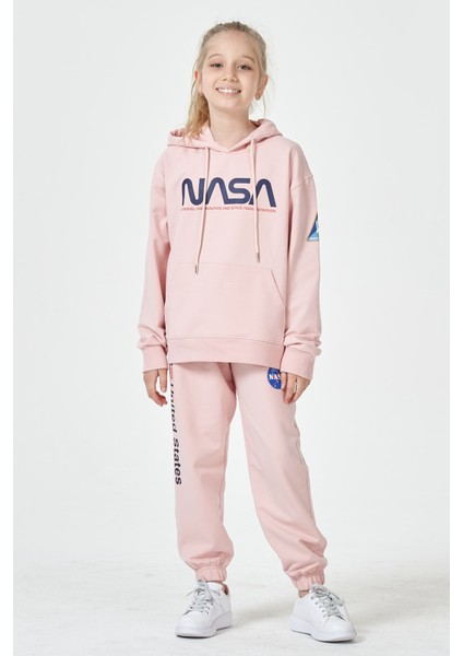 Black One Kız Çocuk Unisex  Nasa Baskı Detaylı Oversize Kapüşonlu Çocuk Eşofman Takımı