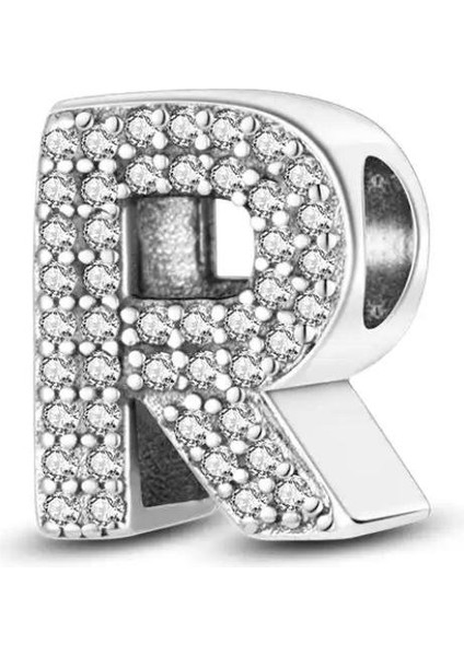 Gümüş S925 Damgalı R Harfi Zirkon Taşlı Charm
