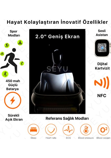 Seyu Watch Watch Ultra Wear Plus Siyah Iphone ve Android Tüm Telefonlara Uyumlu W68+ Akıllı Saat