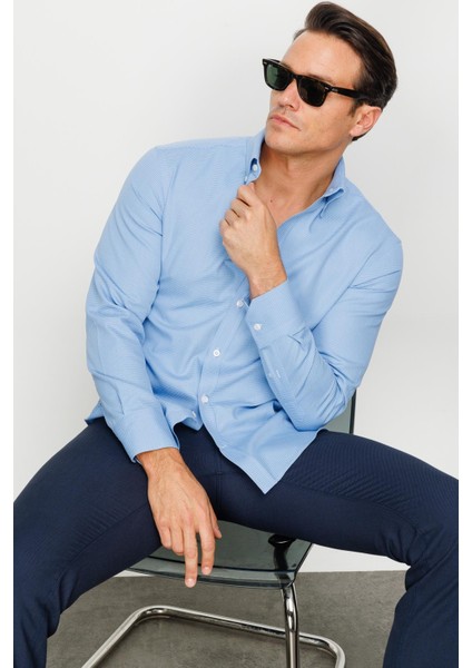 Erkek Düğmeli Yaka %100 Pamuk Regular Orta Kesim Desenli Gömlek Mavi