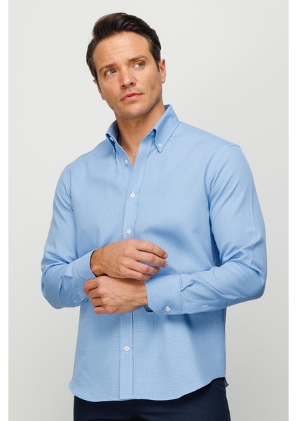 Erkek Düğmeli Yaka %100 Pamuk Regular Orta Kesim Desenli Gömlek Mavi fiyatları