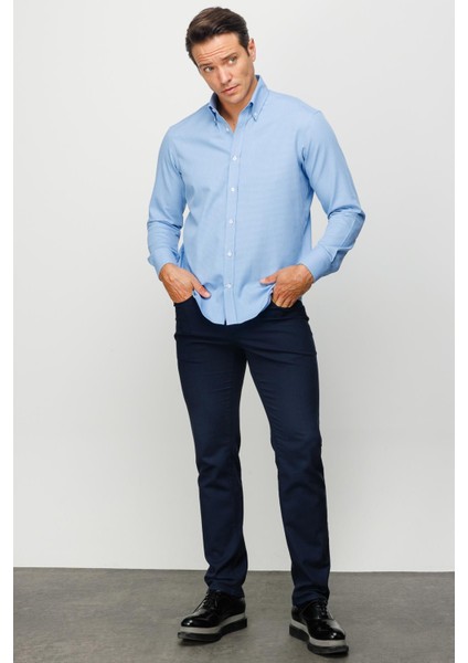 Erkek Düğmeli Yaka %100 Pamuk Regular Orta Kesim Desenli Gömlek Mavi modelleri