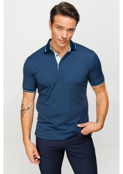 Erkek Polo Yaka Yakası ve Kolu Triko T-Shirt Petrol