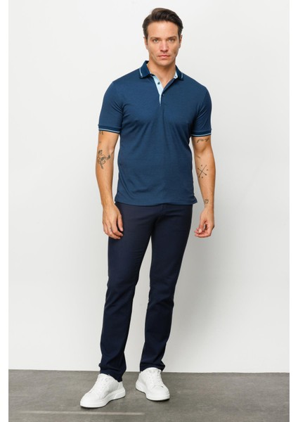 Erkek Polo Yaka Yakası ve Kolu Triko T-Shirt Petrol fırsatları