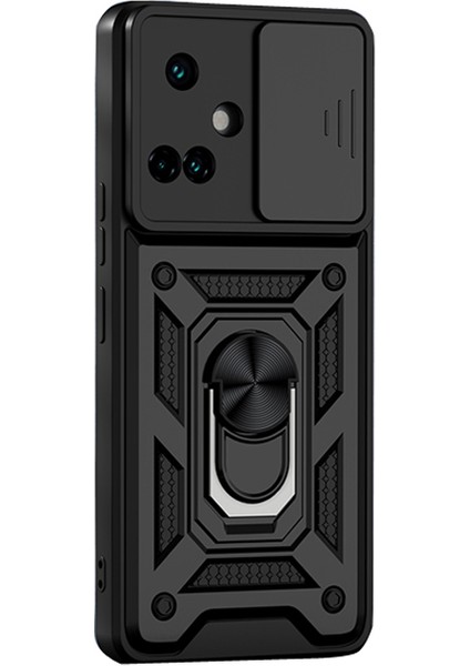 Tecno Camon 19 Kılıf Sert Silikon Tank Aramid Sürgülü Yüzüklü Siyah