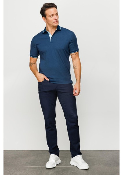 Erkek Polo Yaka Yakası ve Kolu Triko T-Shirt Petrol indirimleri