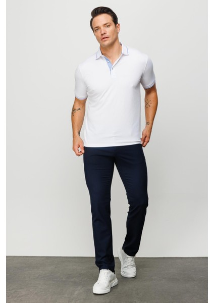 Erkek Polo Yaka Yakası ve Kolu Triko T-Shirt Beyaz